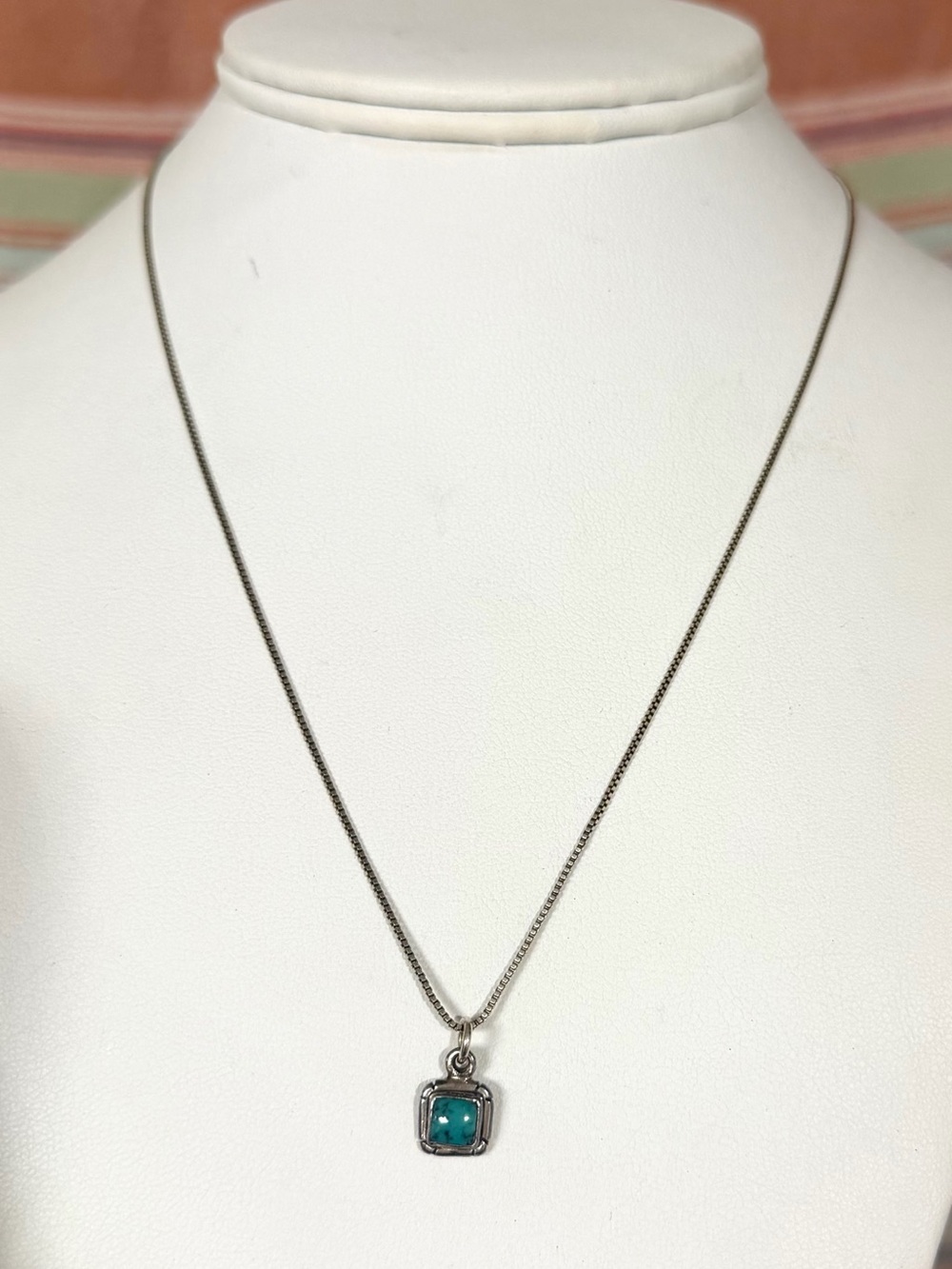 Sterling Silver Turquoise Square Pendant Necklace w/ Box Chain - 18”